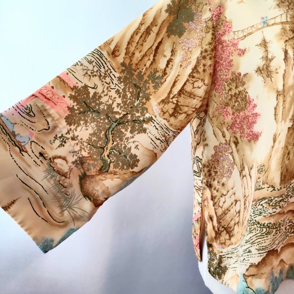 Natori Womens Tan Asian Printed Mandarin Collar Kimono Sleeves Boxy Short Top M - Picture 5 of 12